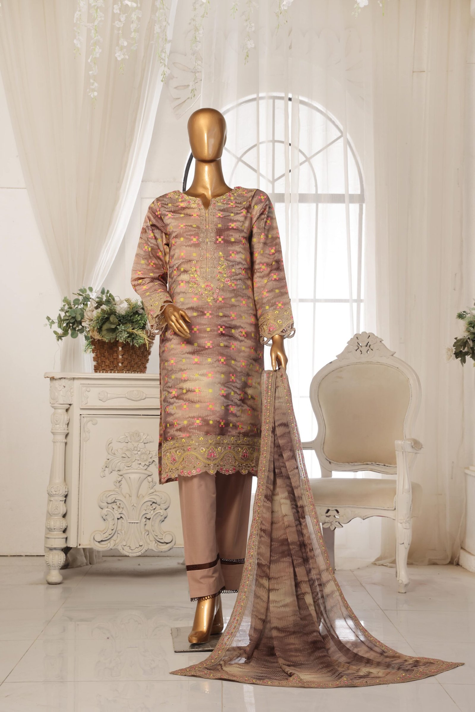 3 PIECE - EMBROIDERED JAQUARD LAWN SUIT